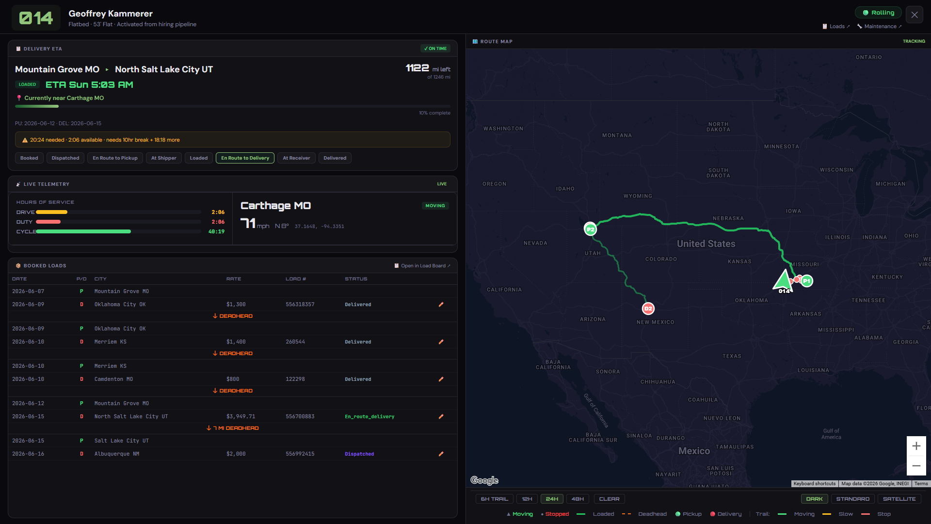 Single truck detail with ETA, hours and route